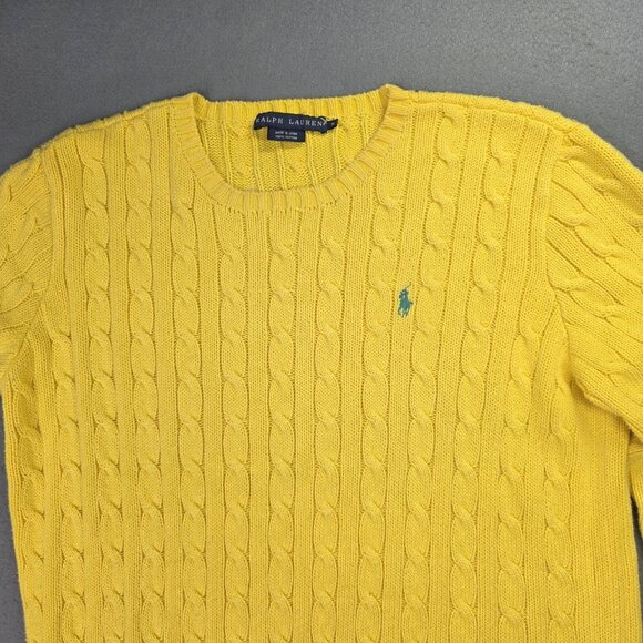 Ralph Lauren Sweater Womens XL Yellow Cable Knit V Neck Cotton Pony Pullover - Picture 2 of 10